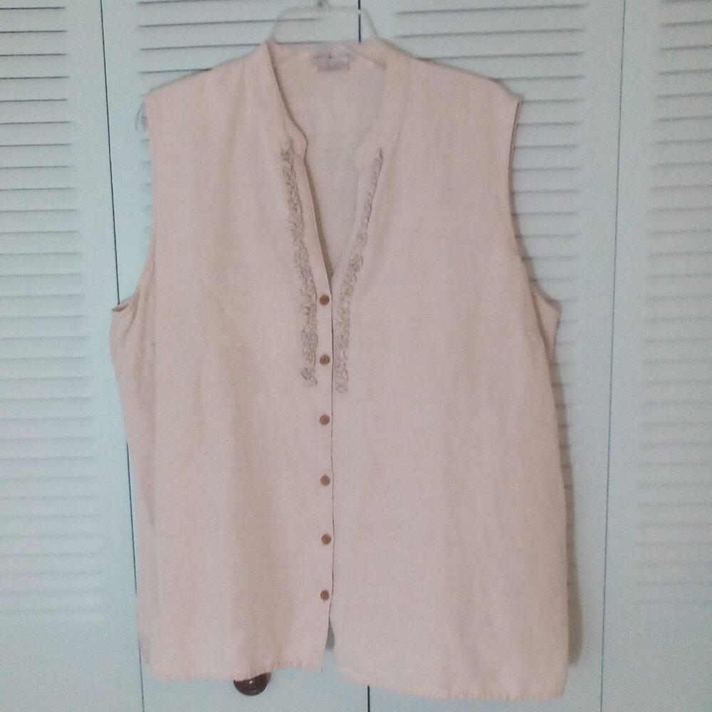 VANHEUSEN STUDIO XXL LINEN OATMEAL V-NECK BUTTON UP RUFFLED SLEEVELESS SIDE SLIT